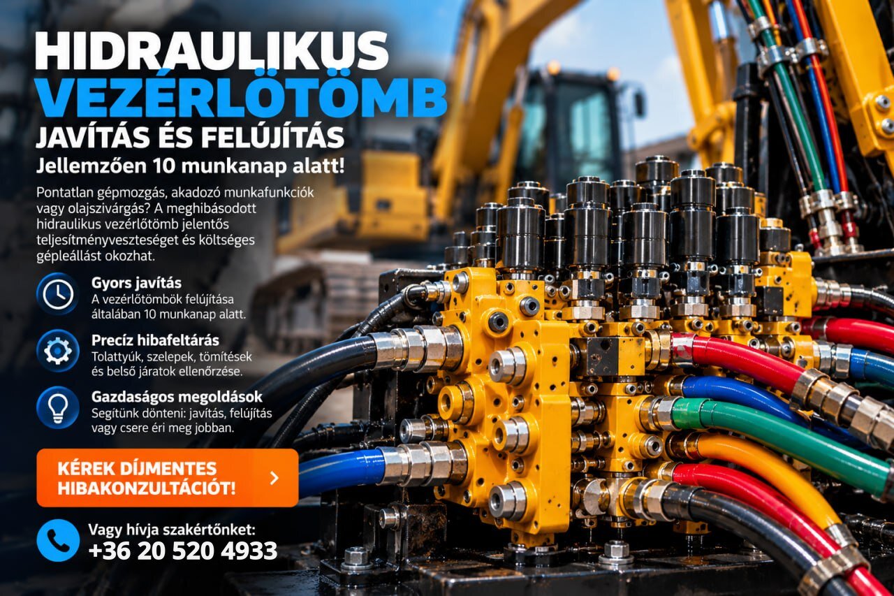 Hidraulikus vezérlőtömb javítás és felújítás, jellemzően 10 munkanap alatt: gyors javítás, precíz hibafeltárás, gazdaságos megoldások. Hívja szakértőnket: +36 20 520 4933